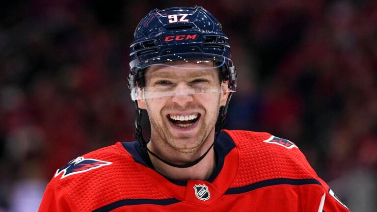 WASHINGTON, DC JANUARY 05: Washington Capitals center Evgeny Kuznetsov (92) has a laugh during the game against the Sa